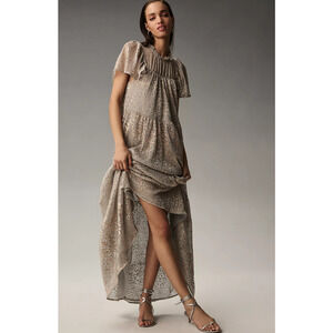 New Anthropologie Short-Sleeve Gold Silver Maxi Dress - Large